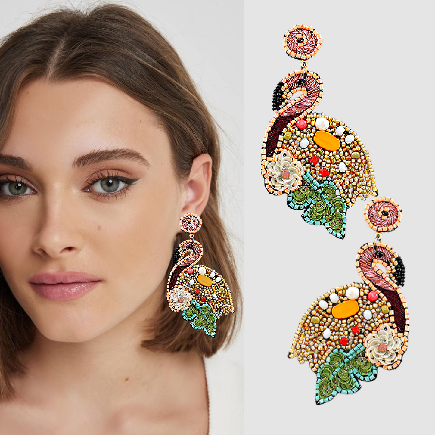 Pink Flamingo Tropical Bird Jeweled Beaded Earrings