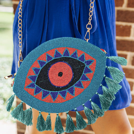 Evil Eye Seed Beaded Tassel Hem Crossbody Clutch