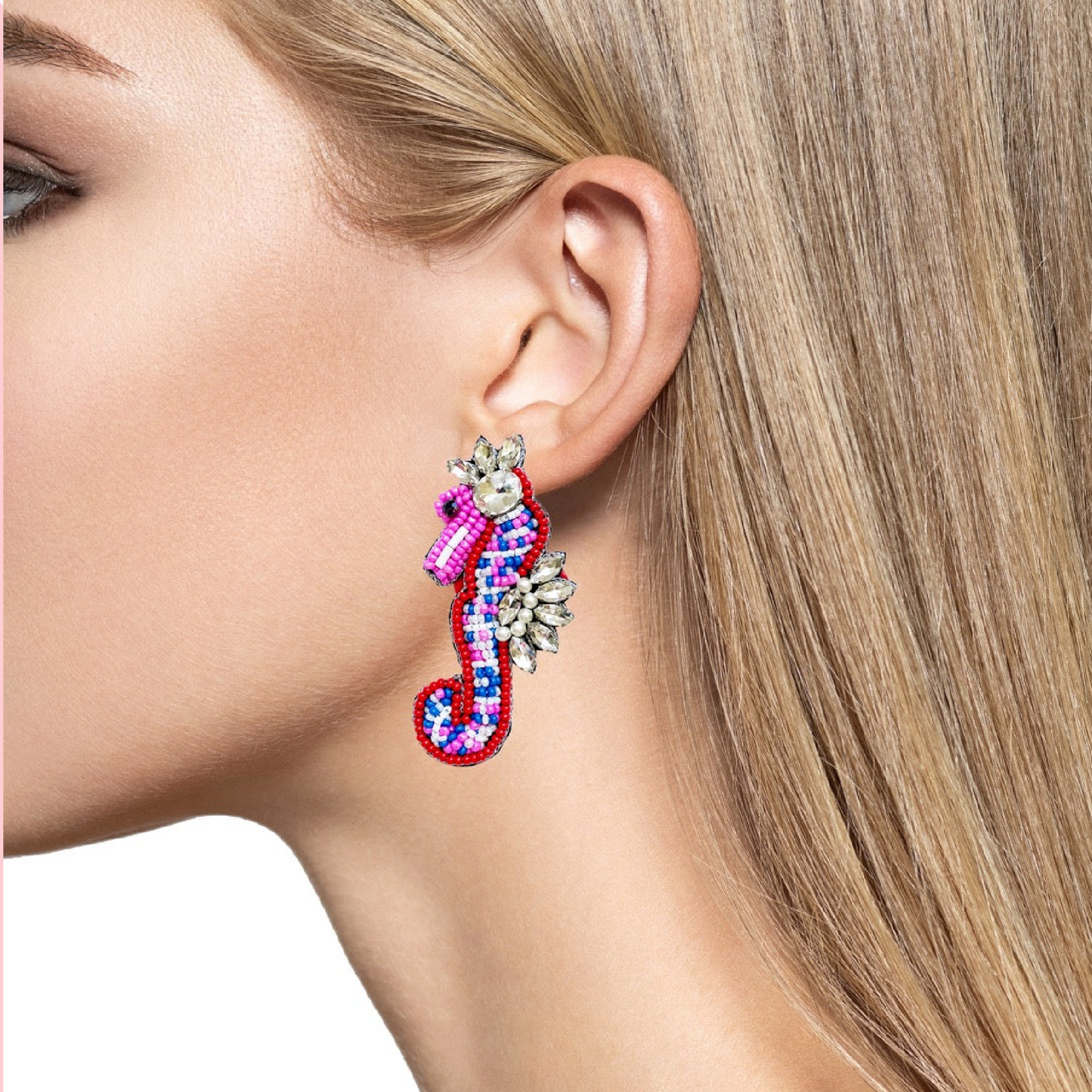 Seed Beaded Crystal Bling Pink Seahorse Earrings