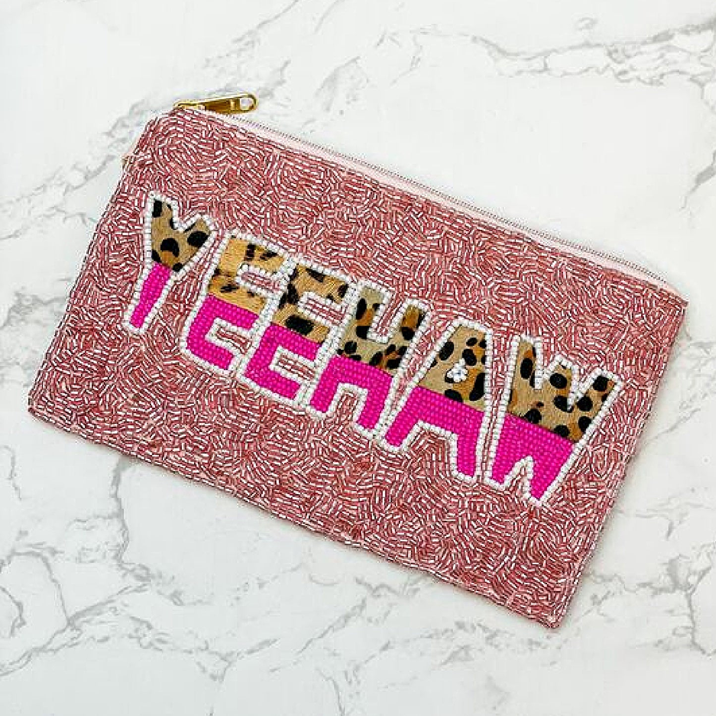 YEEHAW Pink Leopard Beaded Wristlet Strap Bag