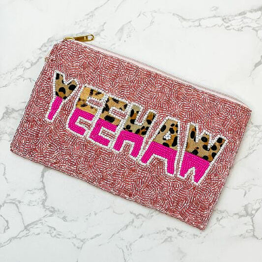 YEEHAW Pink Leopard Beaded Wristlet Strap Bag