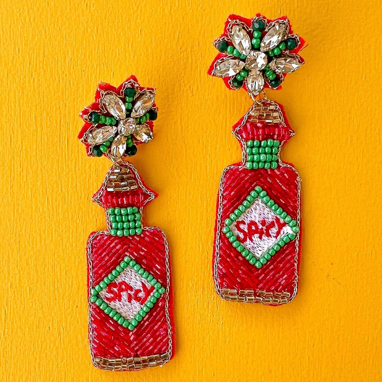 Spicy Hot Sauce Bottle Beaded Crystal Gem Earrings