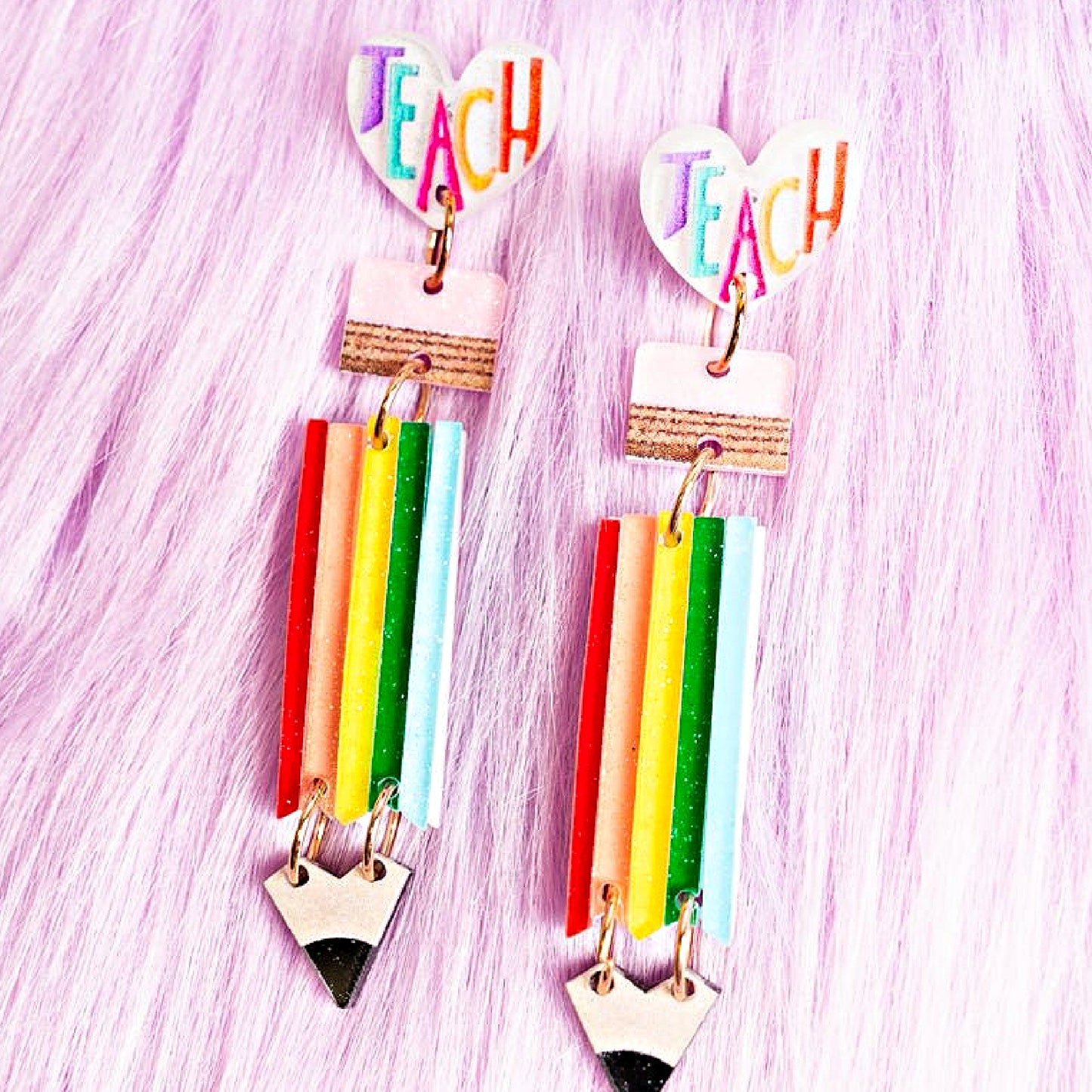 TEACH Rainbow Pencil School Theme Acrylic Earrings