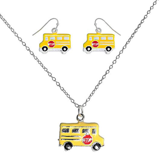 Teacher School Bus Necklace Earrings Jewelry SET