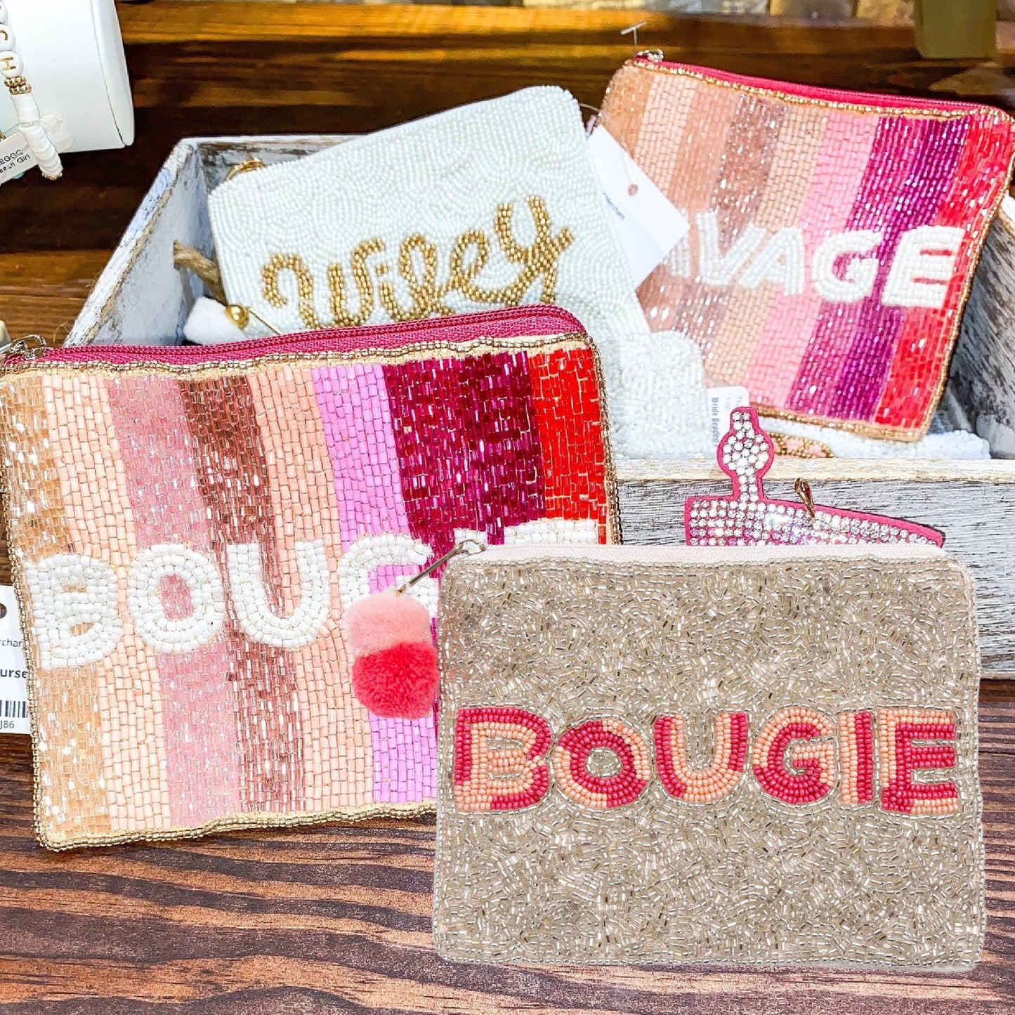BOUGIE Pink Silver Beaded Storage Money Coin Pouch