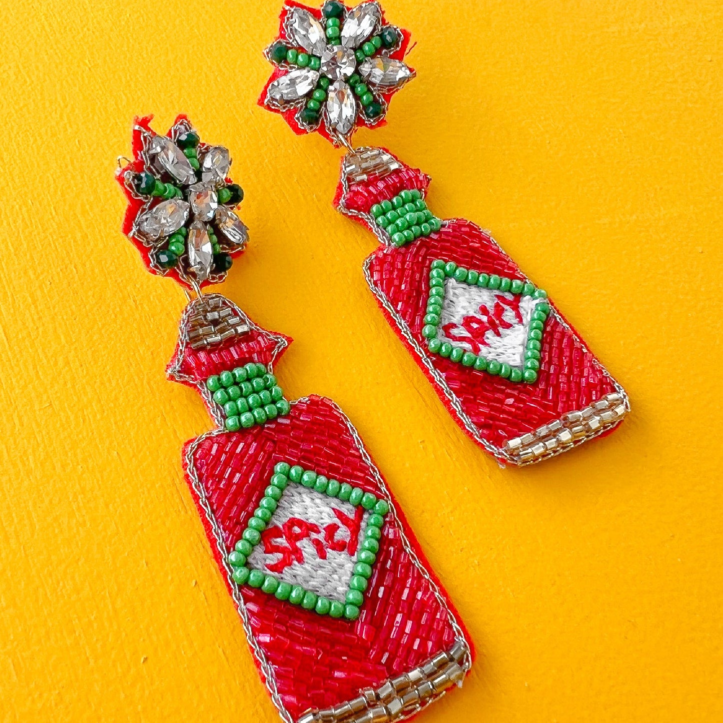 Spicy Hot Sauce Bottle Beaded Crystal Gem Earrings