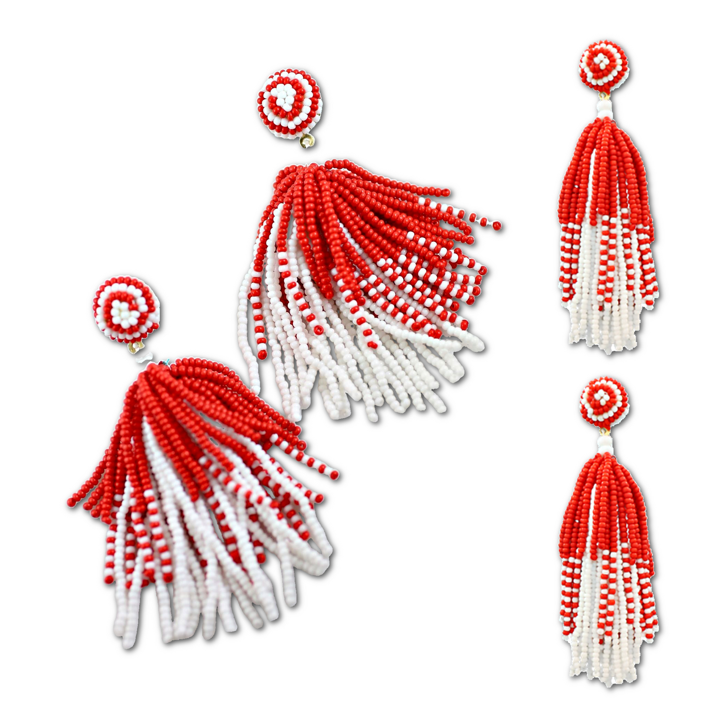 Football Team Fan Red White Beaded Tassel Earrings