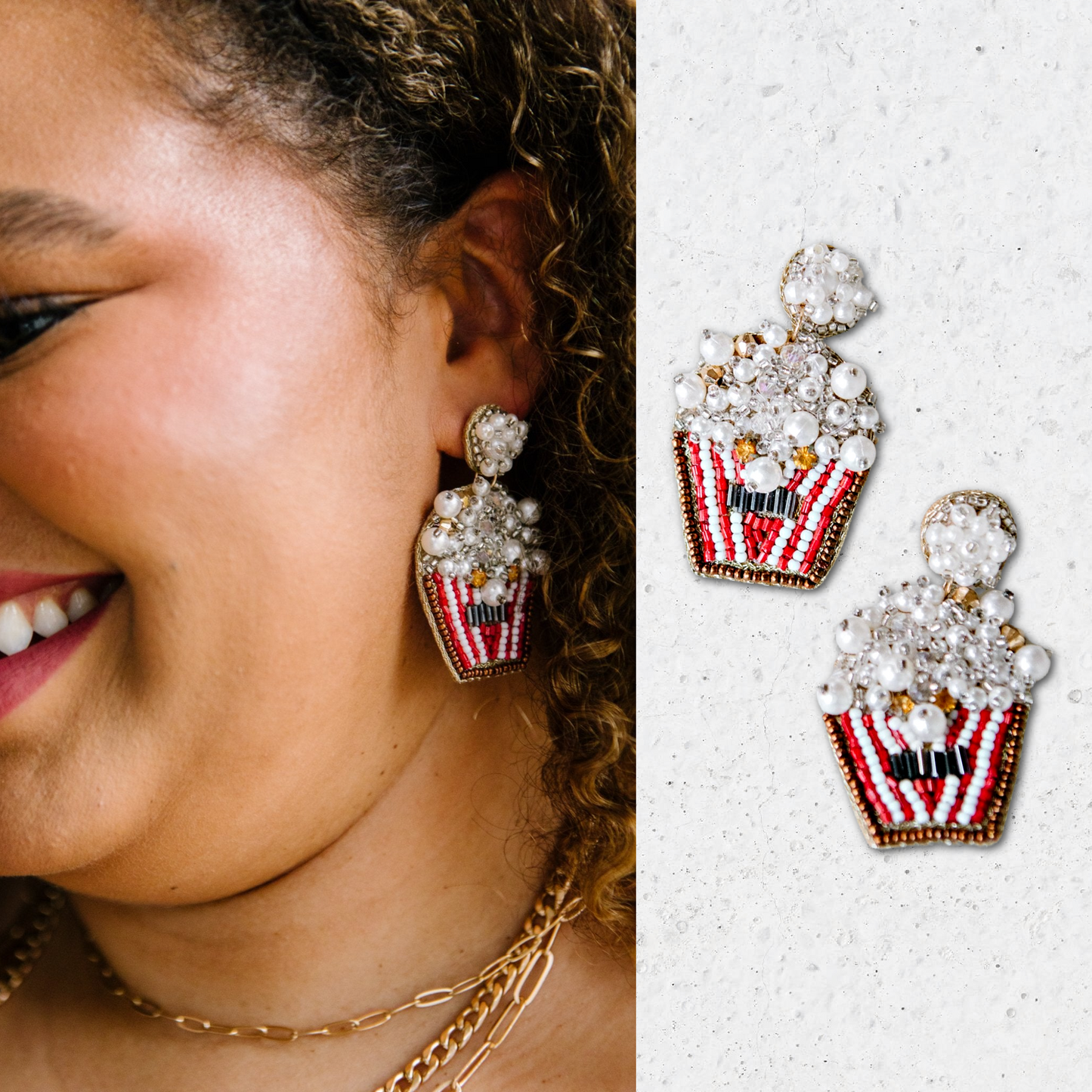 Popcorn Bucket Beaded Pearl Accent Earrings