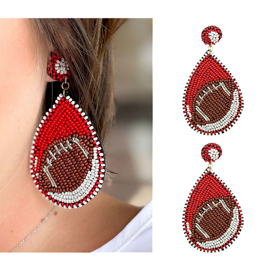 Football Sports Team Red White Beaded Teardrop Earrings