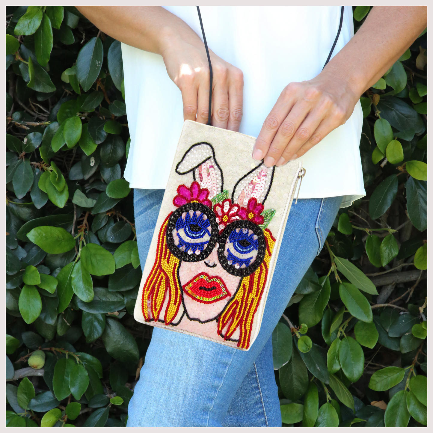 Seed Beaded Bunny Girl Diva Crossbody Bag