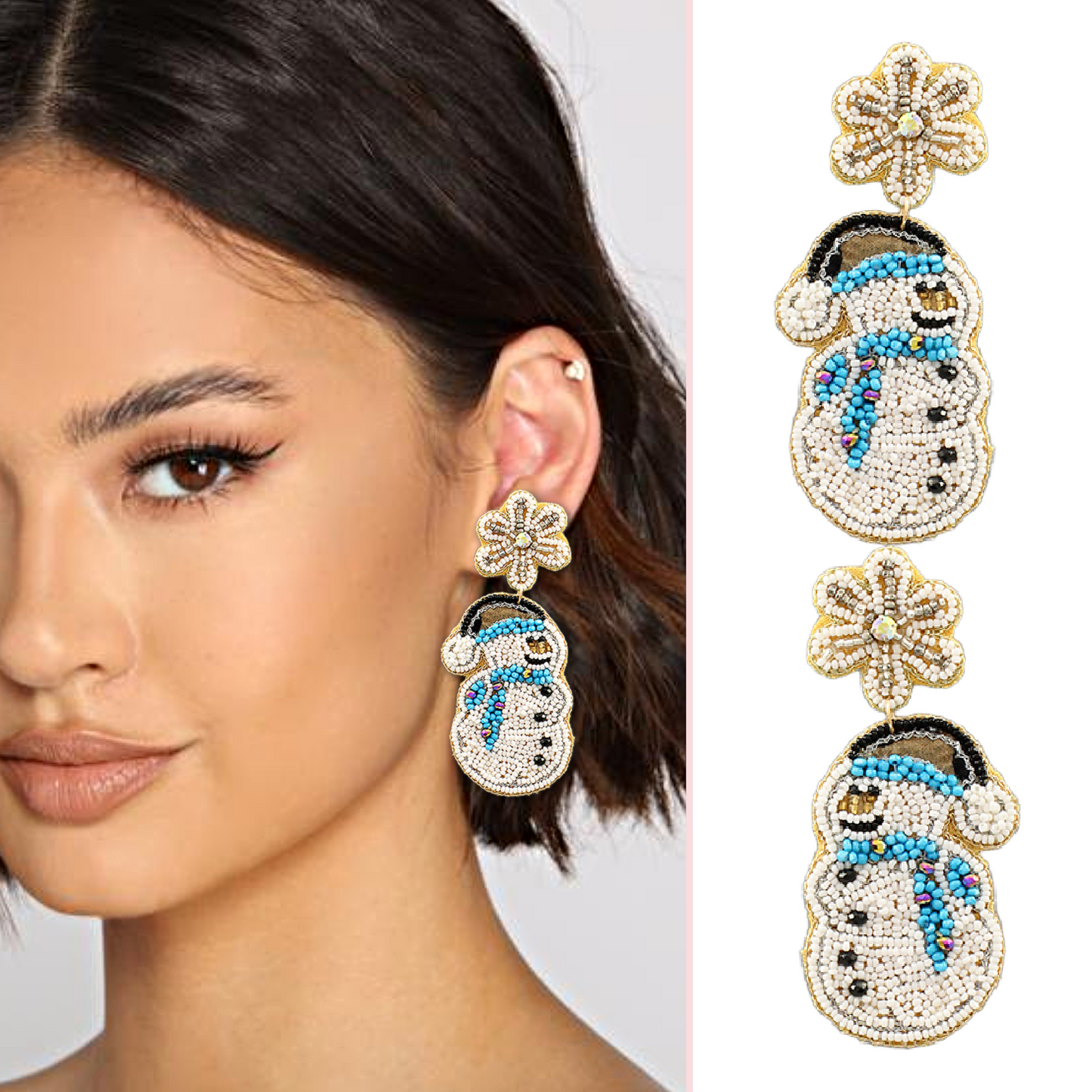 Snowman Snowflake Christmas Seed Bead Blue Statement Earrings