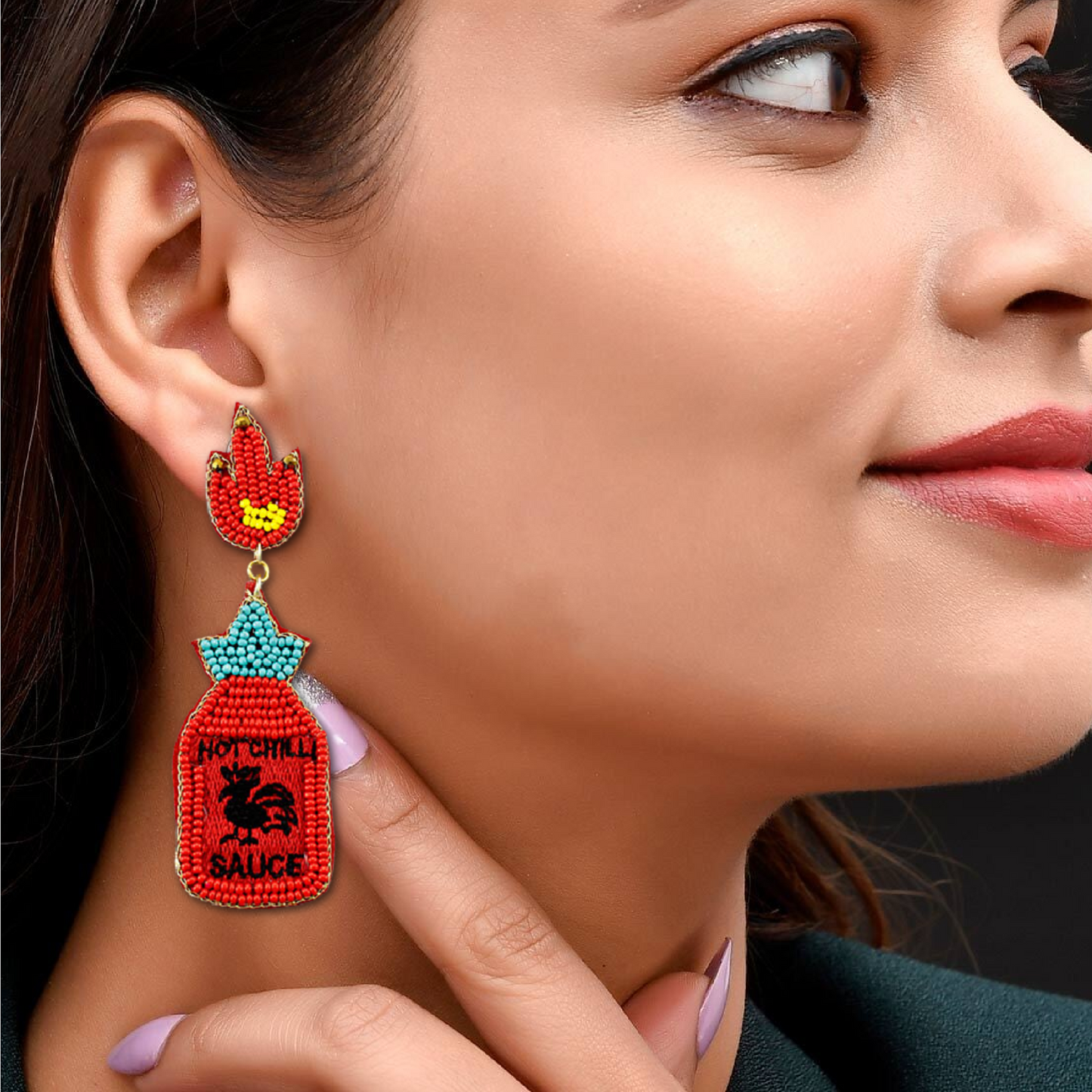 Hot Chili Sriracha Sauce Flaming Bottle Beaded Earrings