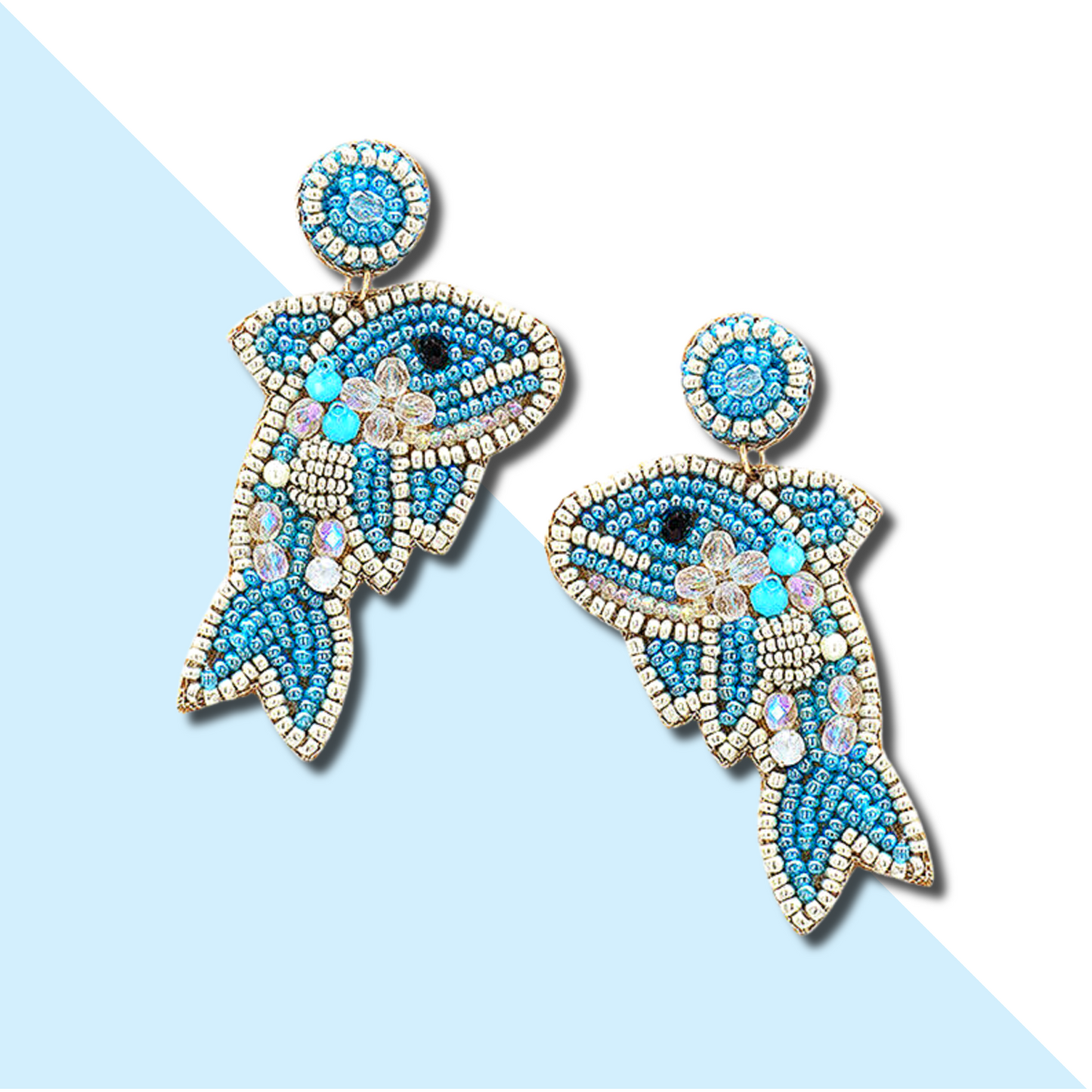 Seed Beaded Rhinestone Blue Dolphin Earrings