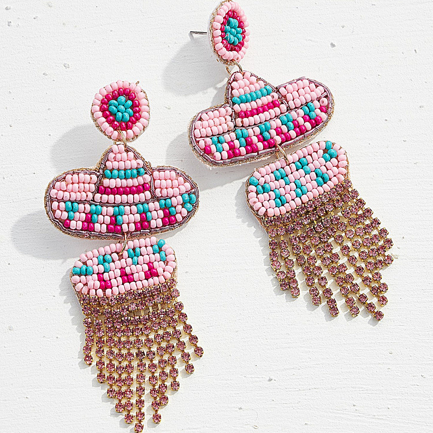 Pink Cowgirl Hat Western Rhinestone Fringe Beaded Earrings