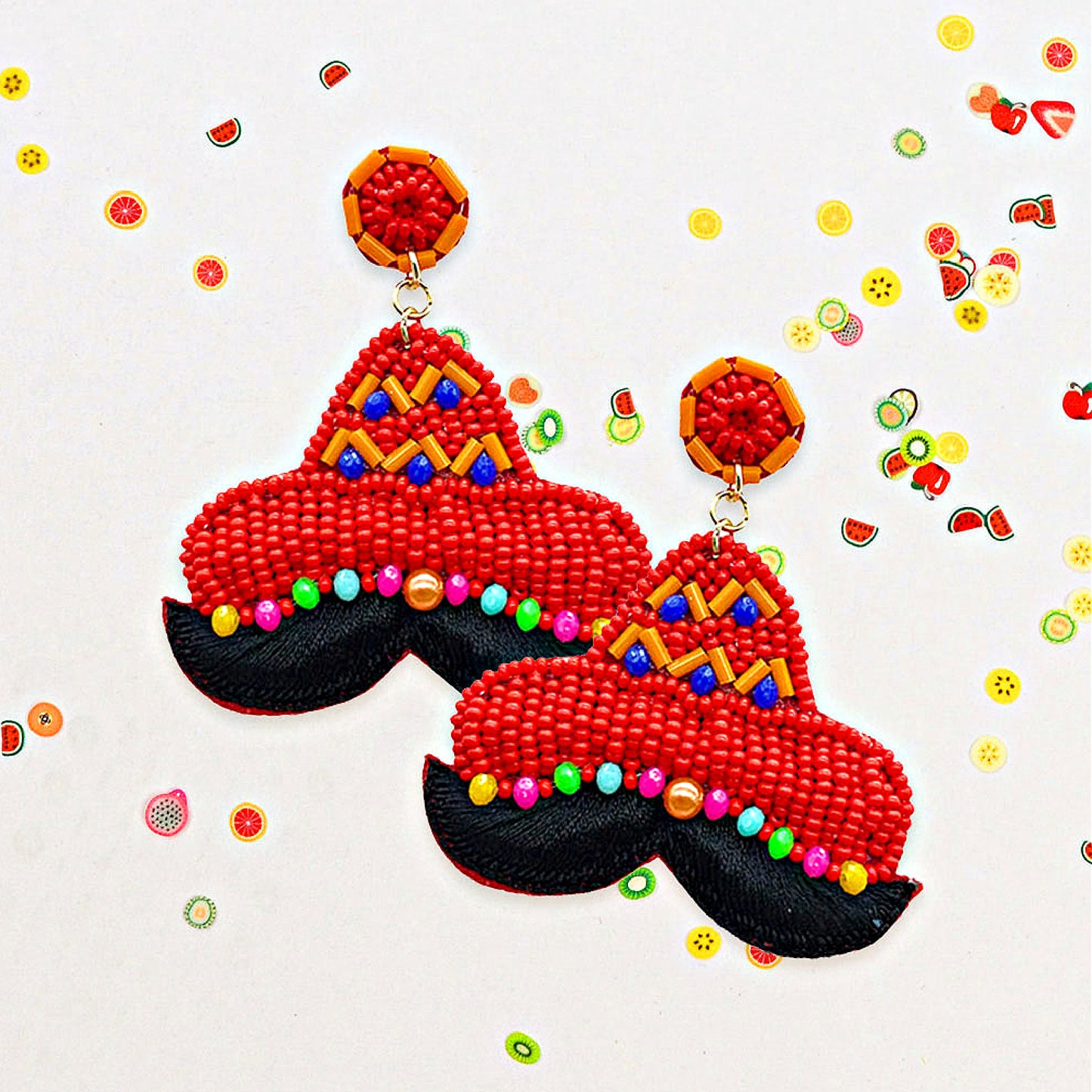 Mexican Mustache Sombrero Hat Party Bead Earrings