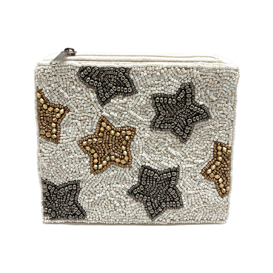 Silver Gold Sparkle Stars Beaded Storage Coin Pouch