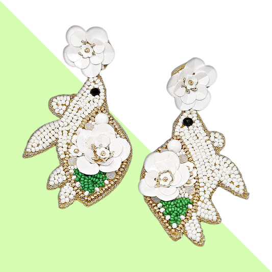 Seed Beaded White Floral Sea Turtle Earrings
