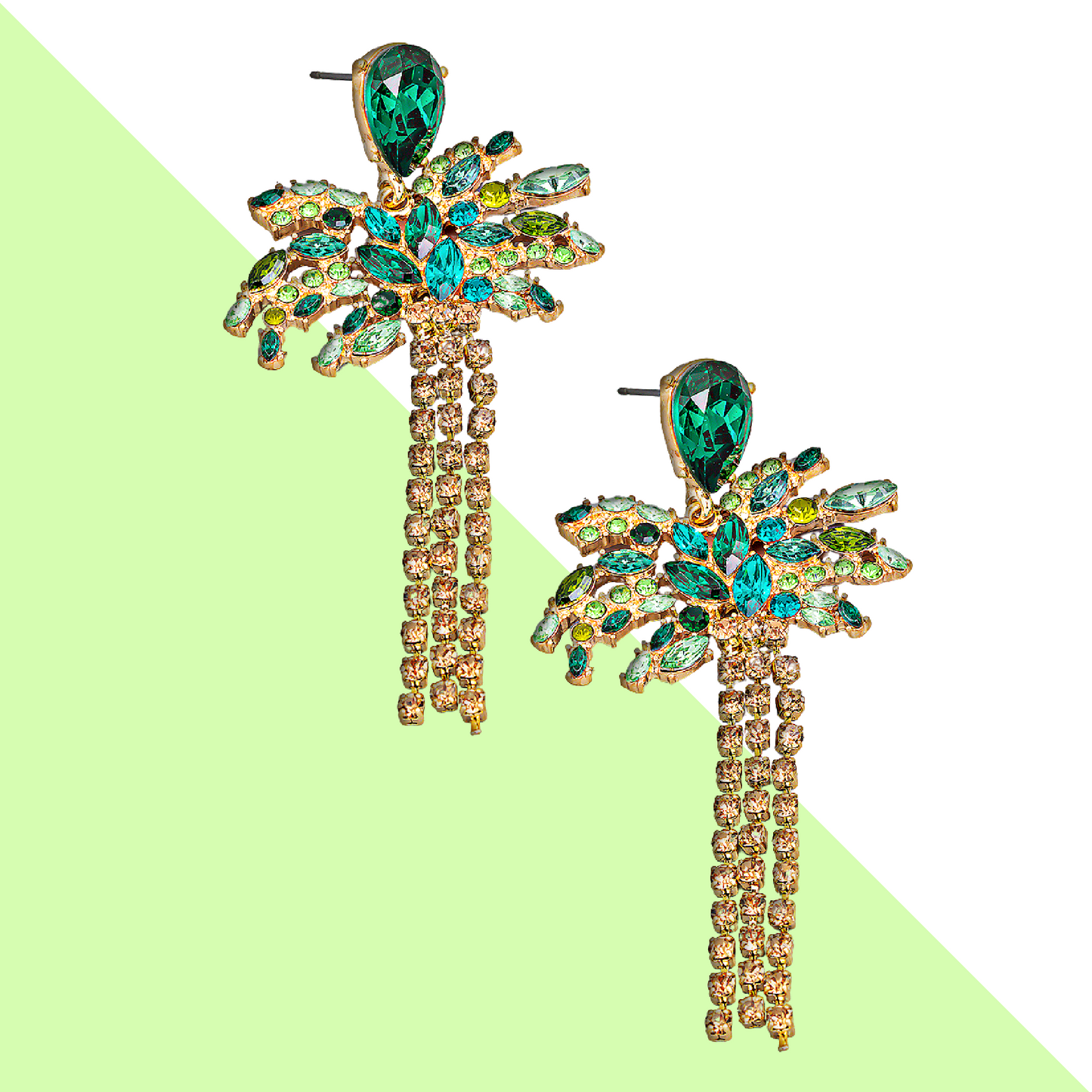 Rhinestone Crystal Fringe Resort Palm Tree Earrings