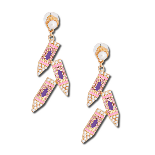 Rhinestone Pink Crayons Teacher School Earrings