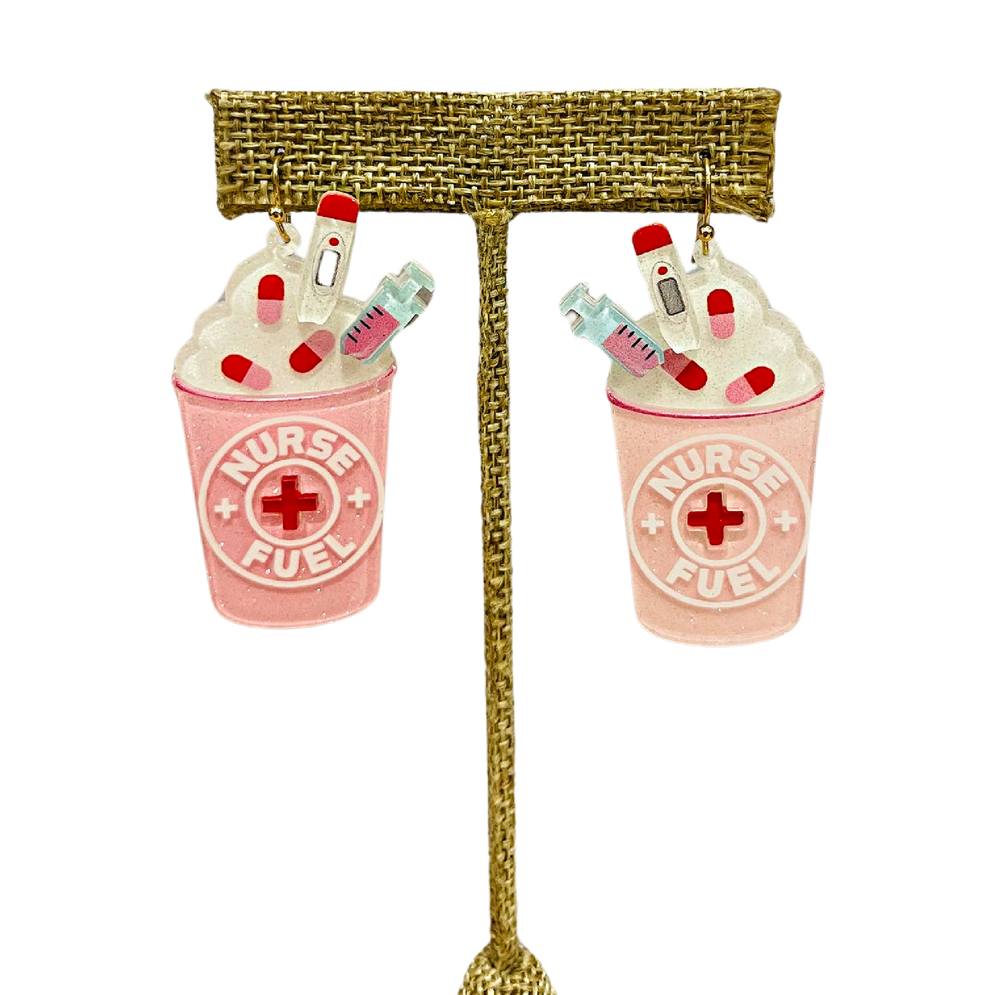 Nurse Fuel Coffee Cup Pink Acrylic Earrings