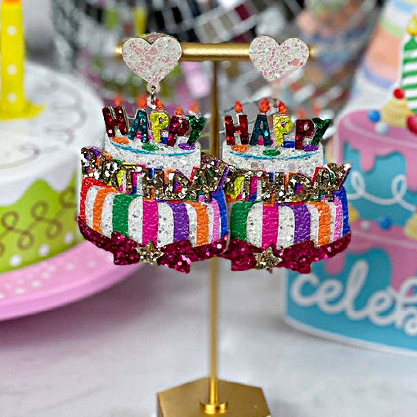 Birthday Cake Vegan Leather Glitter Earrings