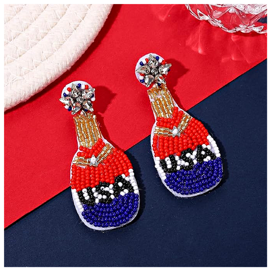 Patriotic USA Champagne Wine Bottle Seed Bead Earrings