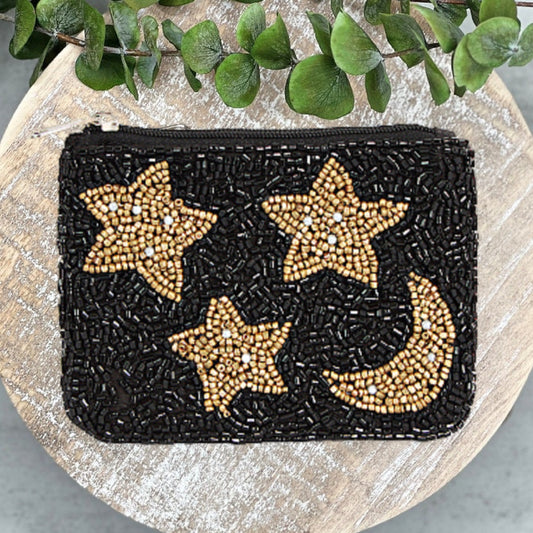 Gold Sparkle Stars Moon Beaded Storage Pouch