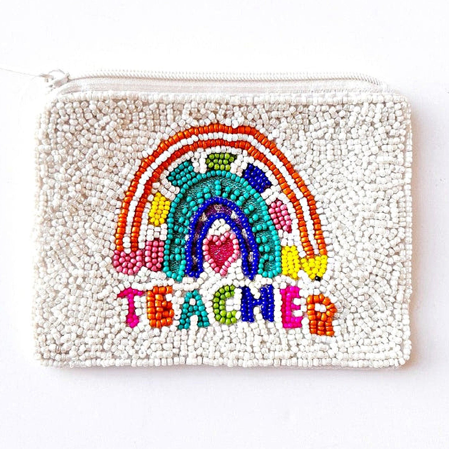Teacher Rainbow Seed Beaded Coin Purse Money Pouch