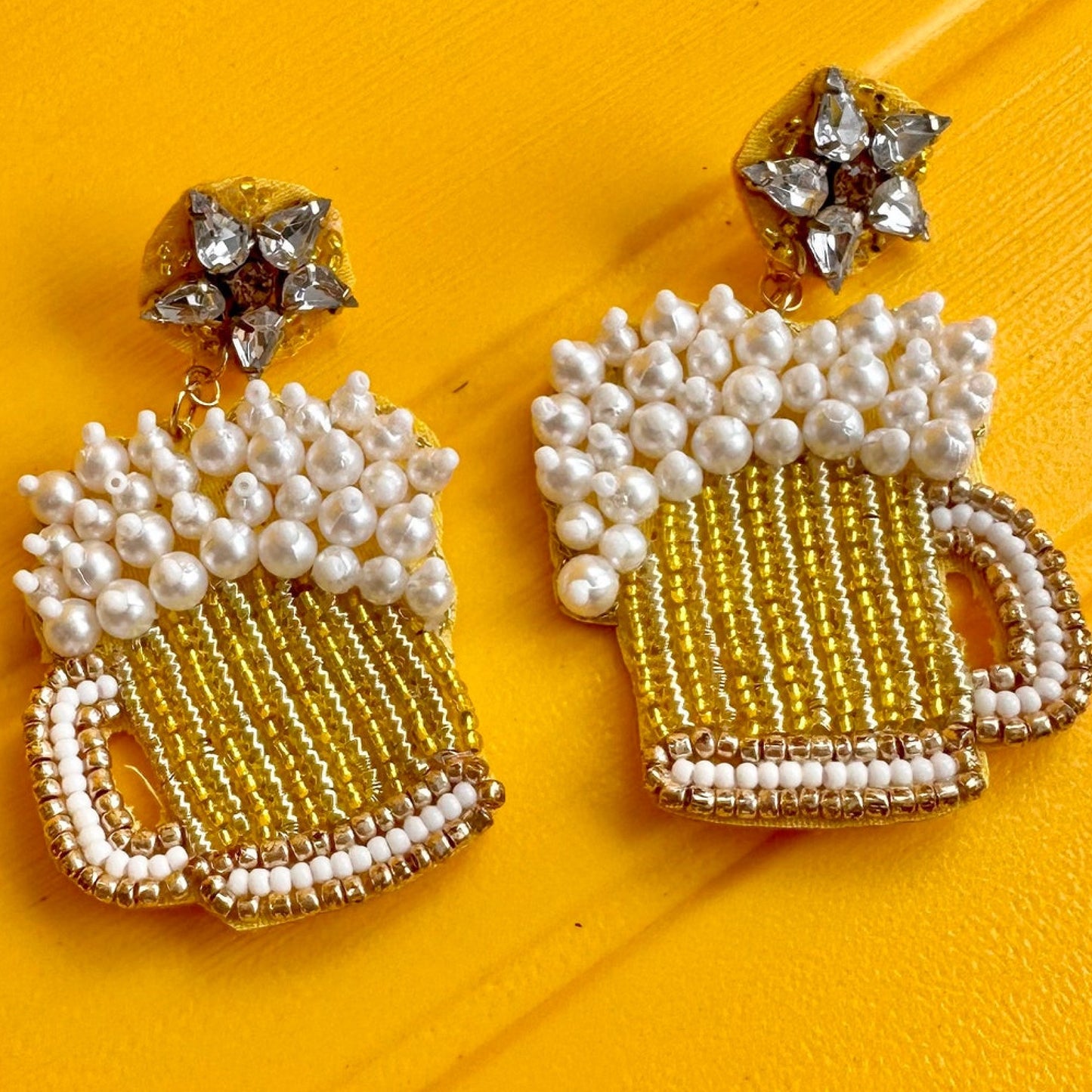 Sudsy Beer Mug Pearl Beaded Crystal Top Earrings
