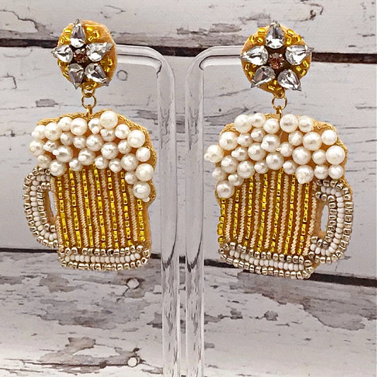 Sudsy Beer Mug Pearl Beaded Crystal Top Earrings