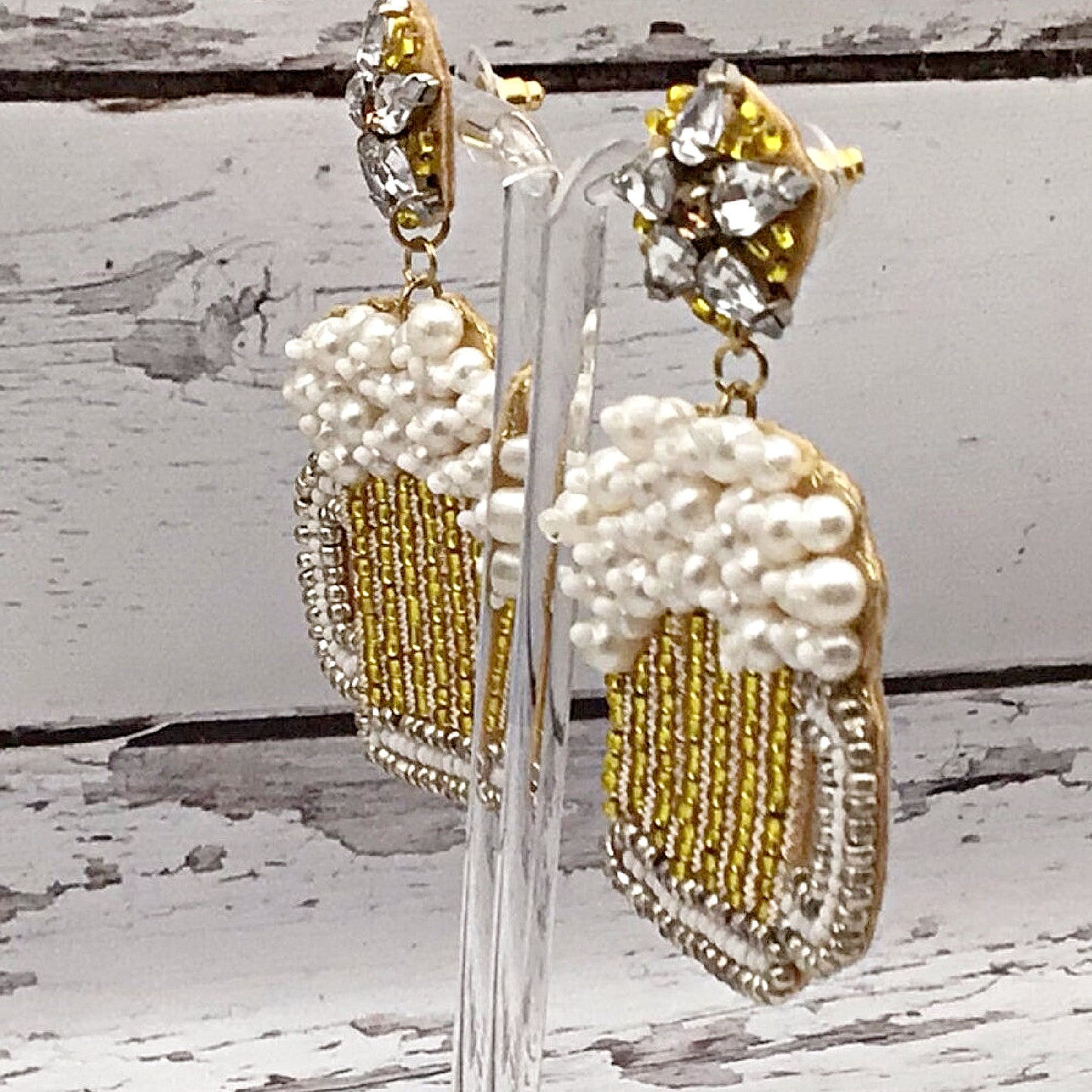 Sudsy Beer Mug Pearl Beaded Crystal Top Earrings