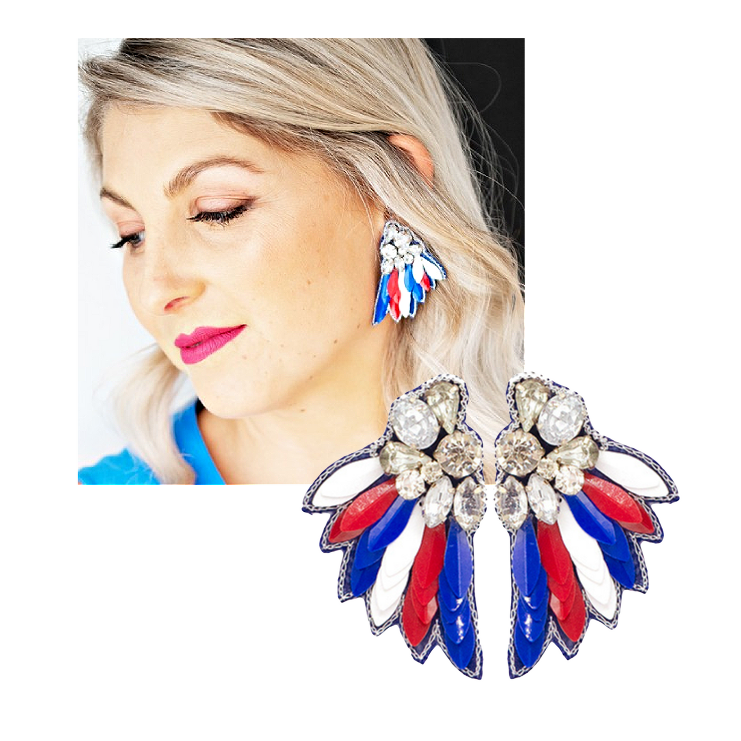 4th of July Patriotic Sequin Bead Rhinestone Wing Earrings