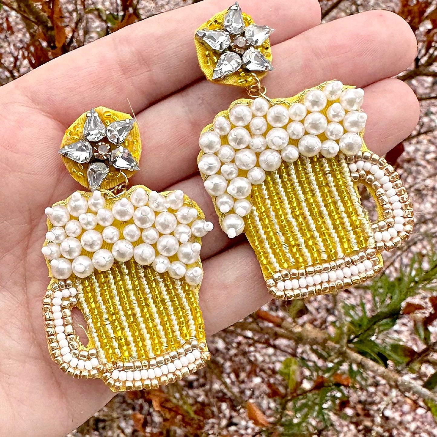 Sudsy Beer Mug Pearl Beaded Crystal Top Earrings