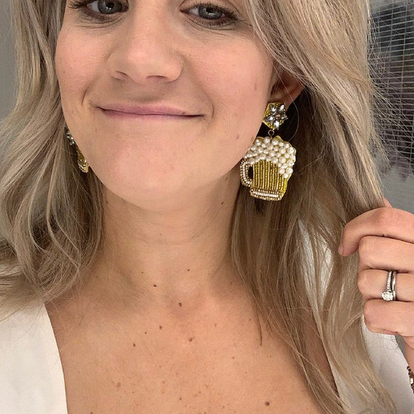 Sudsy Beer Mug Pearl Beaded Crystal Top Earrings