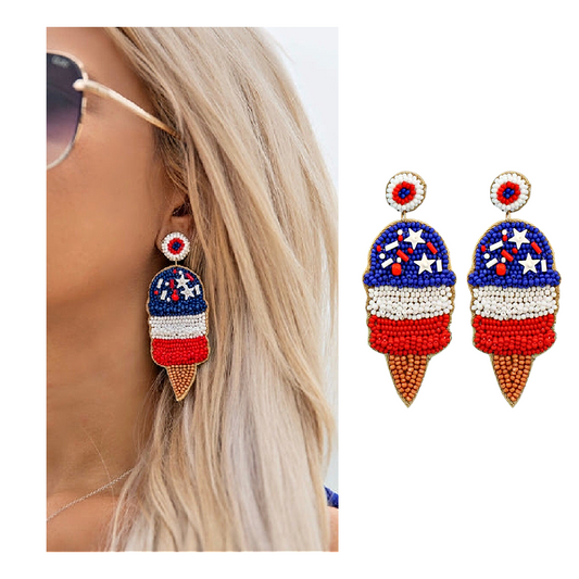 4th of July Patriotic Ice Cream Cone Beaded Earrings