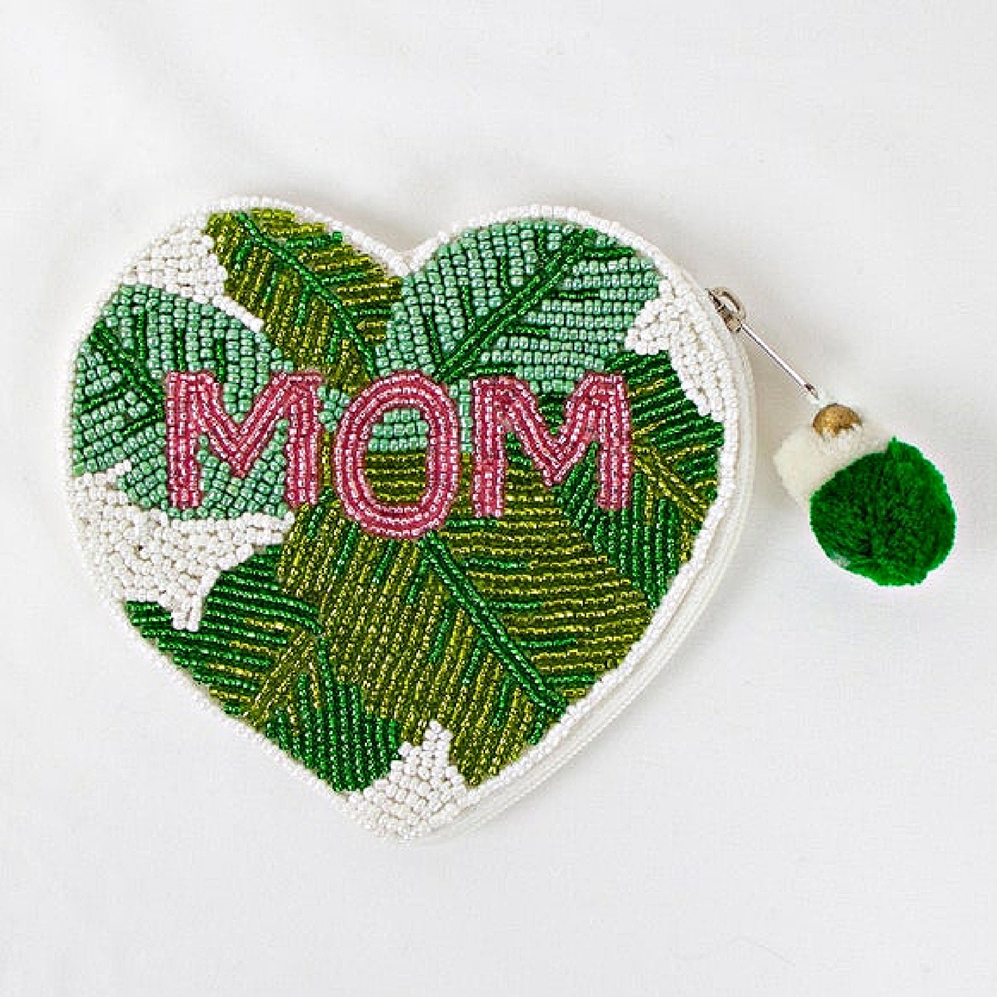 Mom Heart Shaped Leaf Theme Beaded Pouch