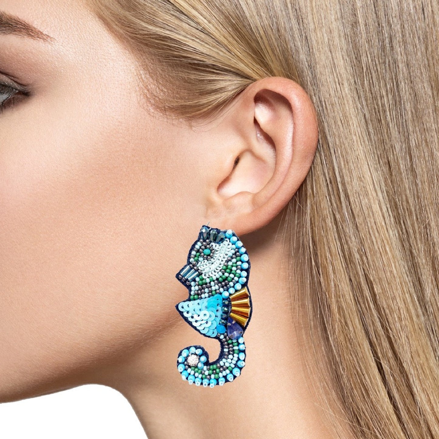 Seed Beaded Sequin Seahorse Earrings