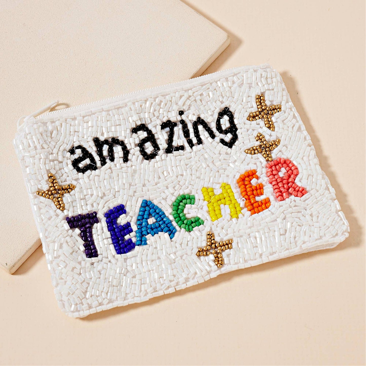 Amazing Teacher Seed Beaded Coin Purse Money Pouch