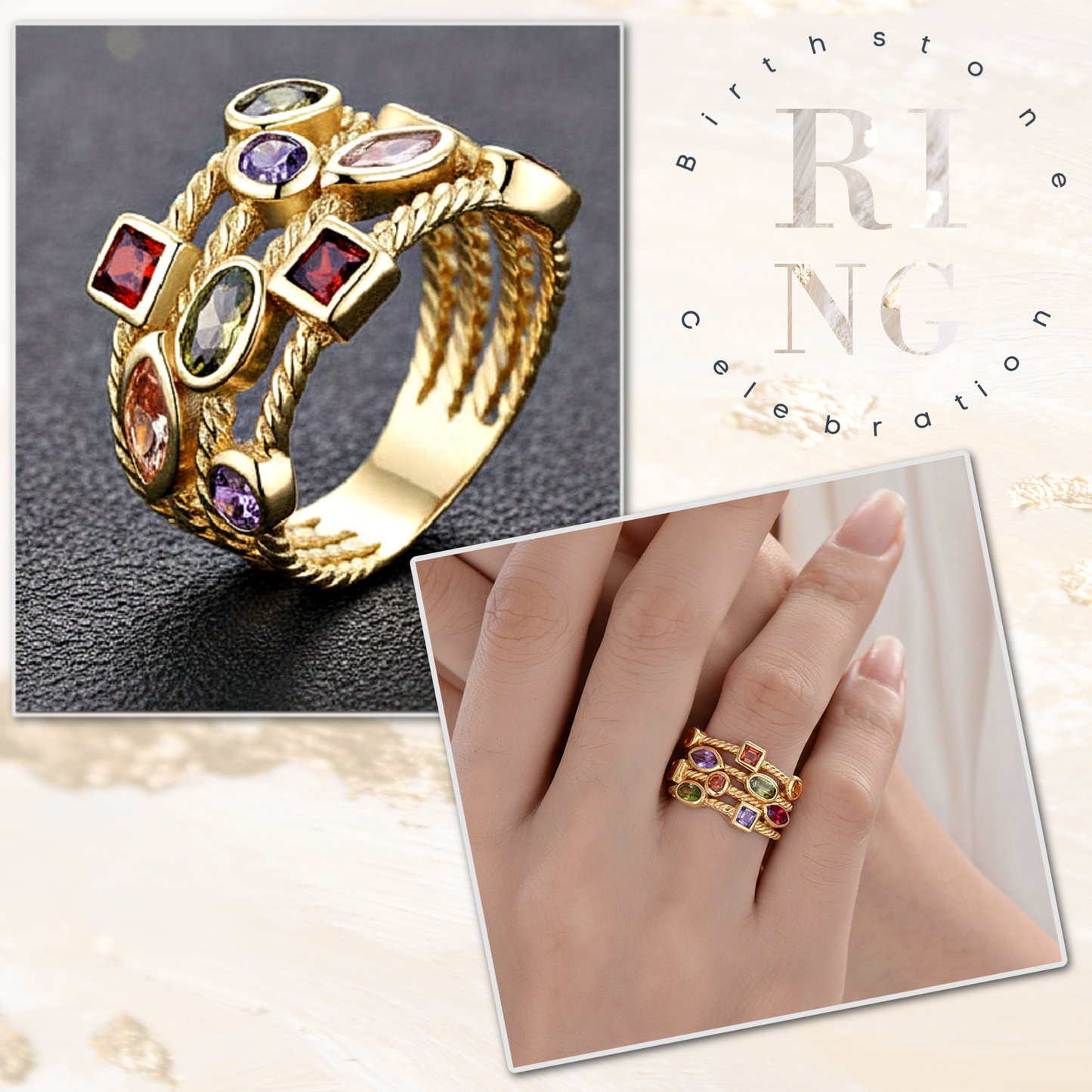 Birthstone Gems CZ Gold Multi Row Ring