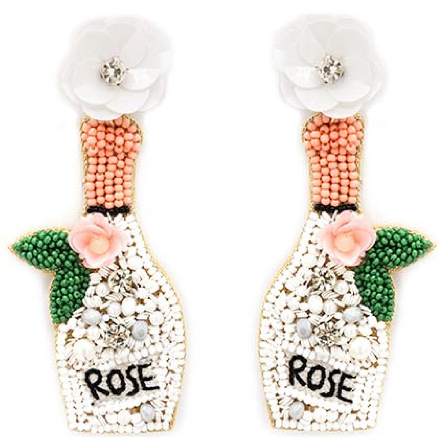 Rose Wine Bottle Seed Beaded Floral Earrings