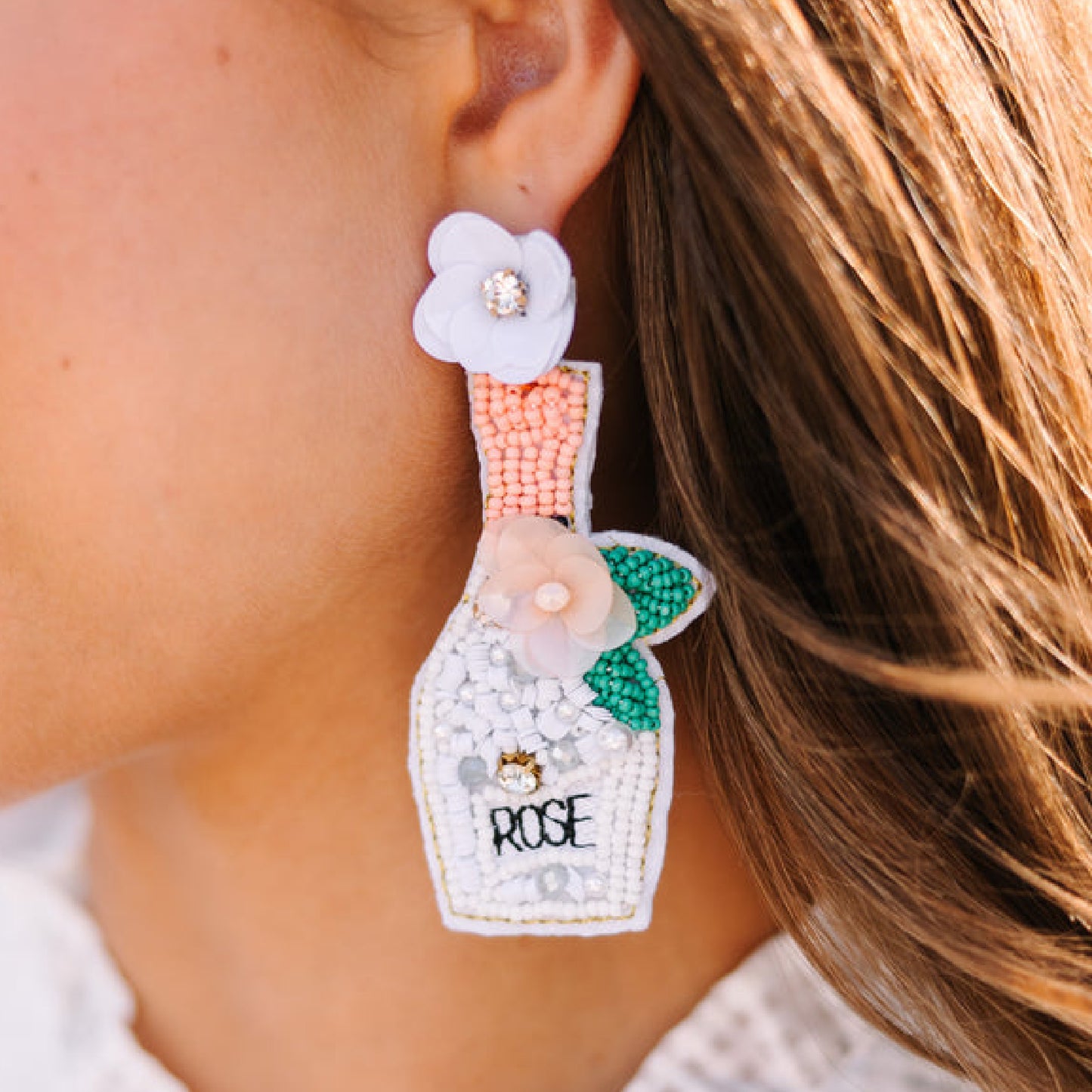 Rose Wine Bottle Seed Beaded Floral Earrings