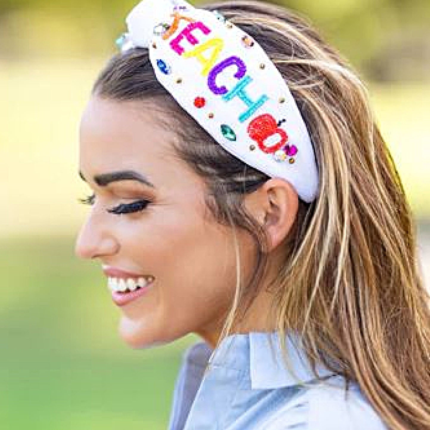 TEACH White Beaded Crystal Top Knot Headband