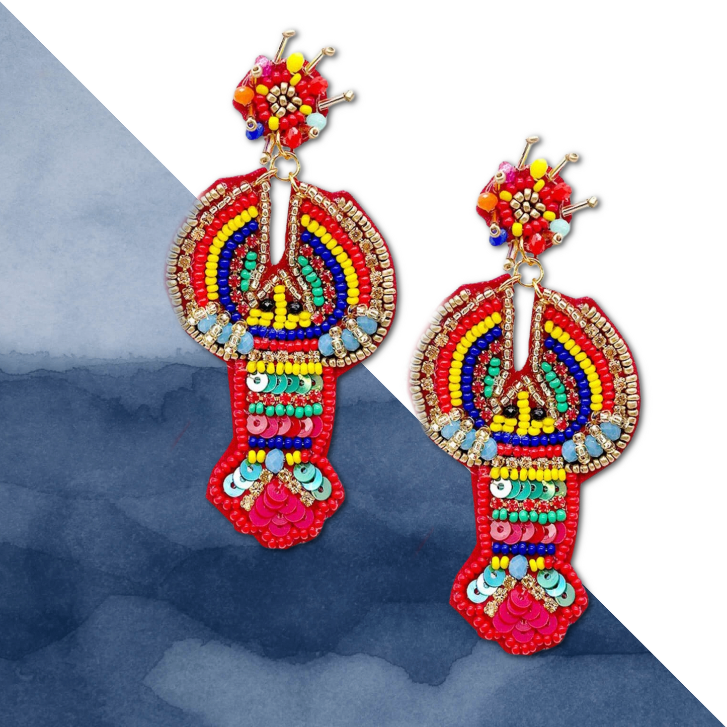 Colorful Lobster Seed Beaded Rhinestone Earrings