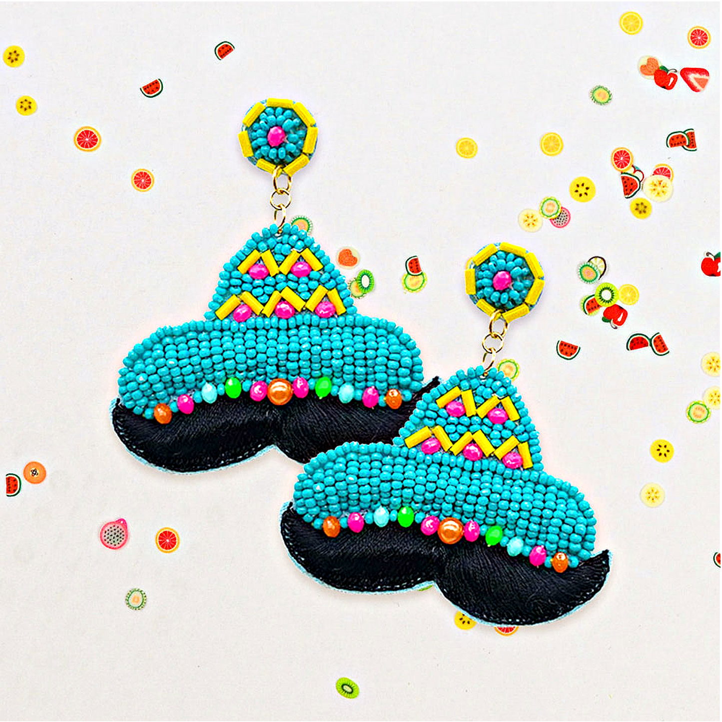 Mexican Mustache Sombrero Hat Party Bead Earrings