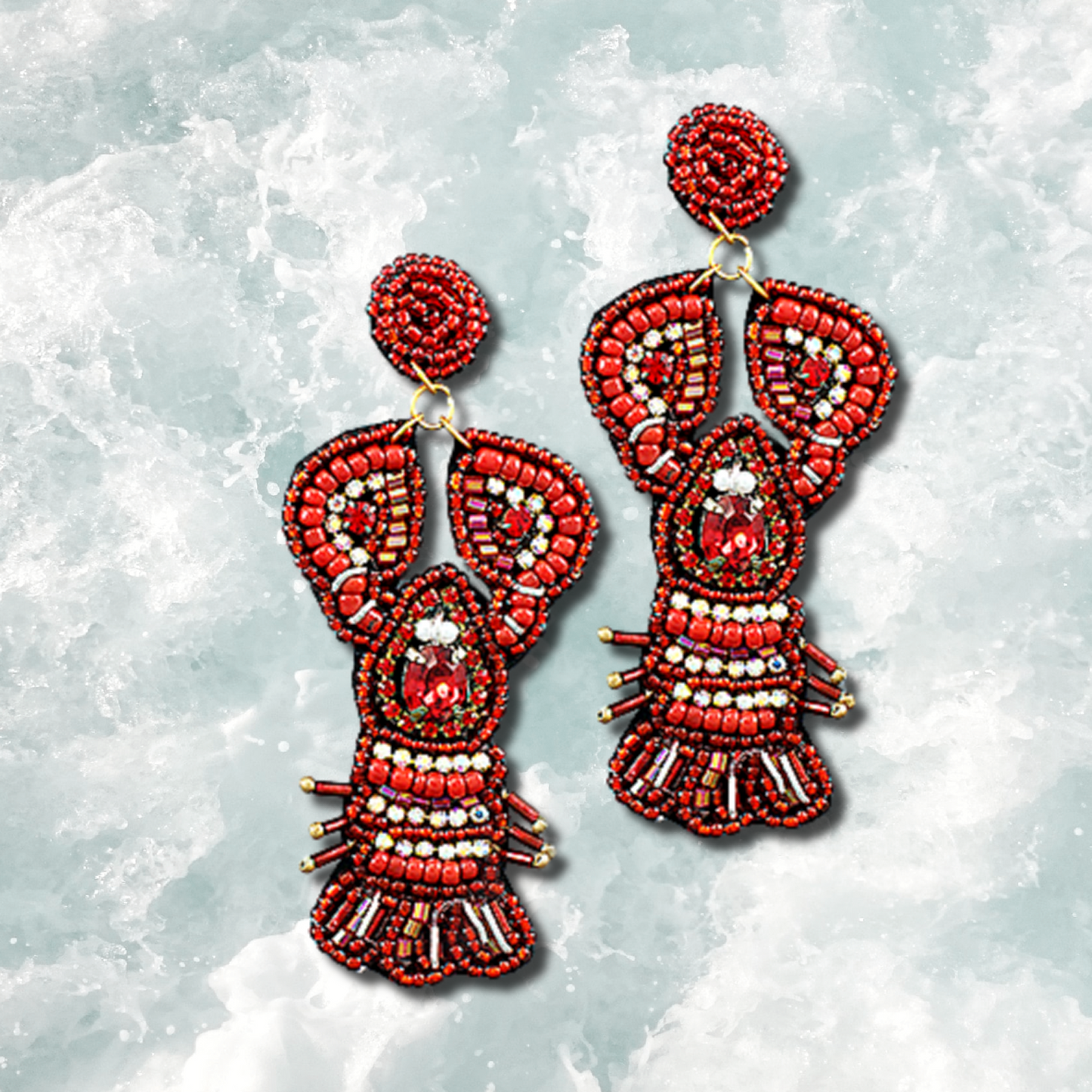 Red Jeweled Lobster Seed Beaded Rhinestone Earrings