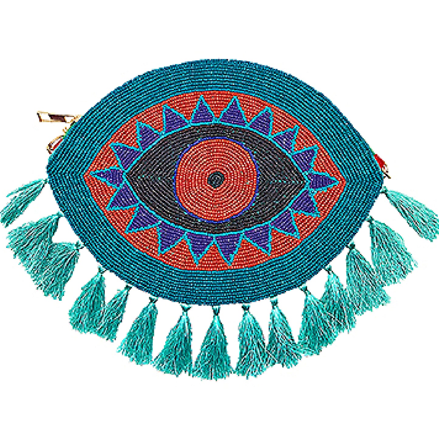 Evil Eye Seed Beaded Tassel Hem Crossbody Clutch