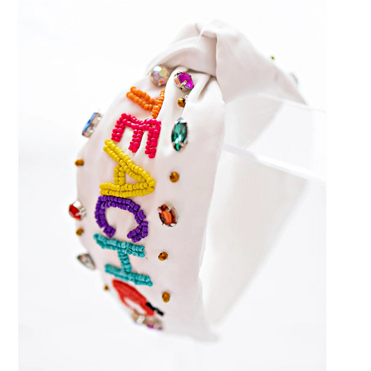 TEACH White Beaded Crystal Top Knot Headband