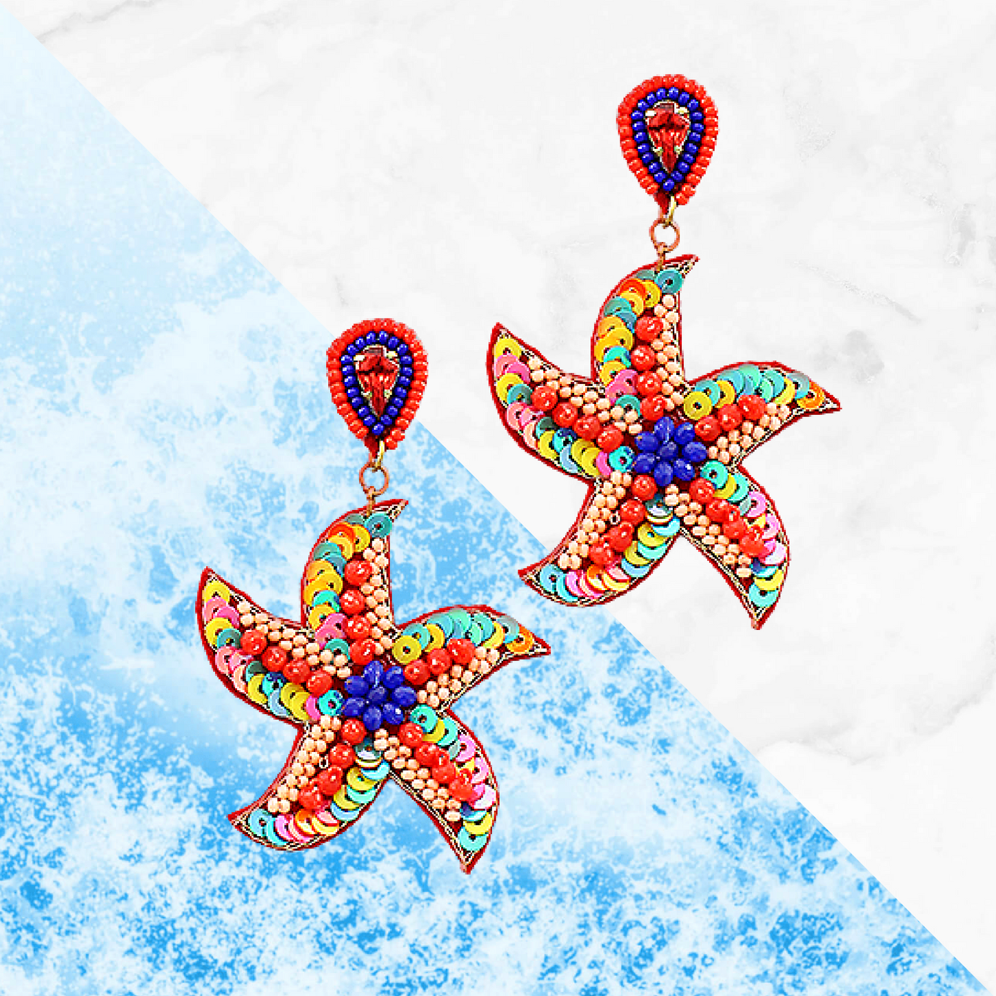 Seed Beaded Colorful Starfish Statement Earrings