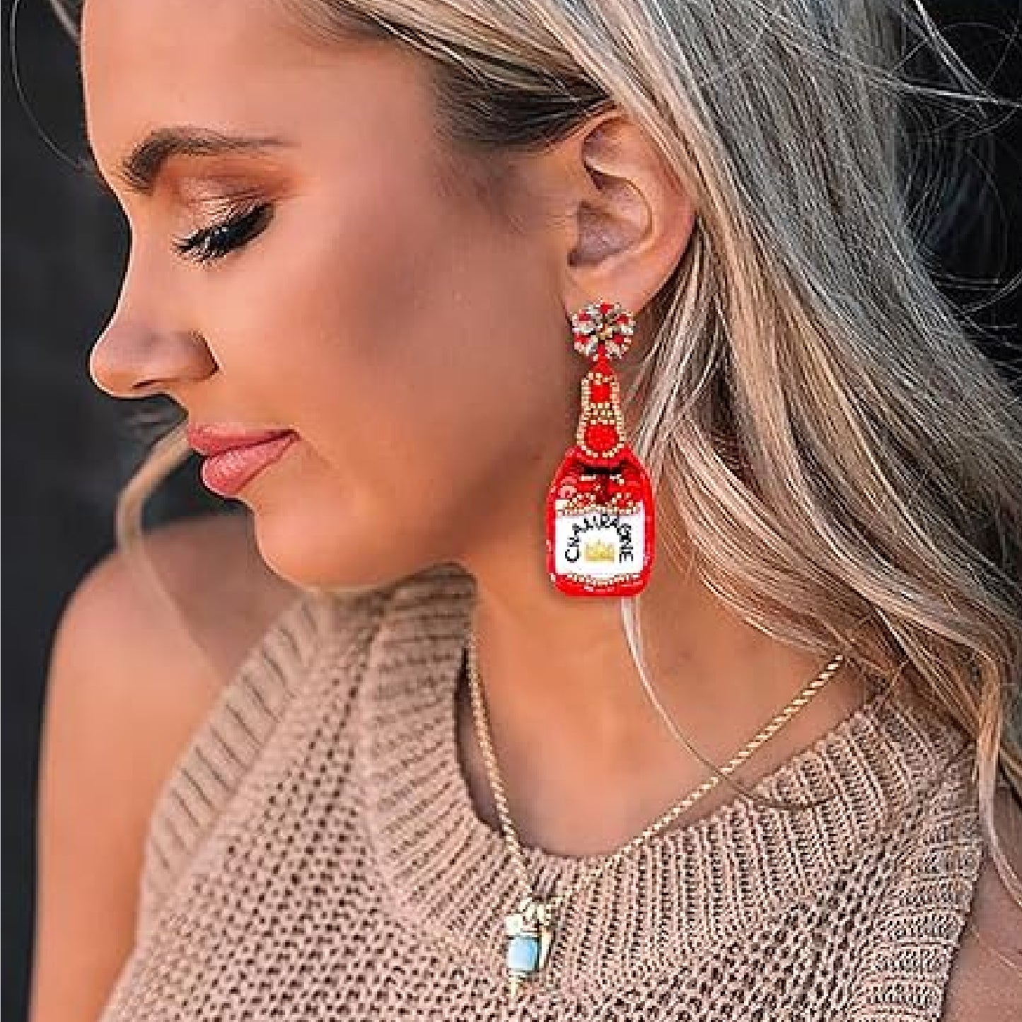 Red Champagne Bottle Crystal Beaded Earrings