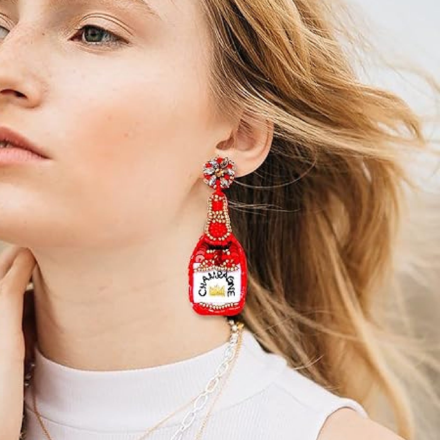 Red Champagne Bottle Crystal Beaded Earrings